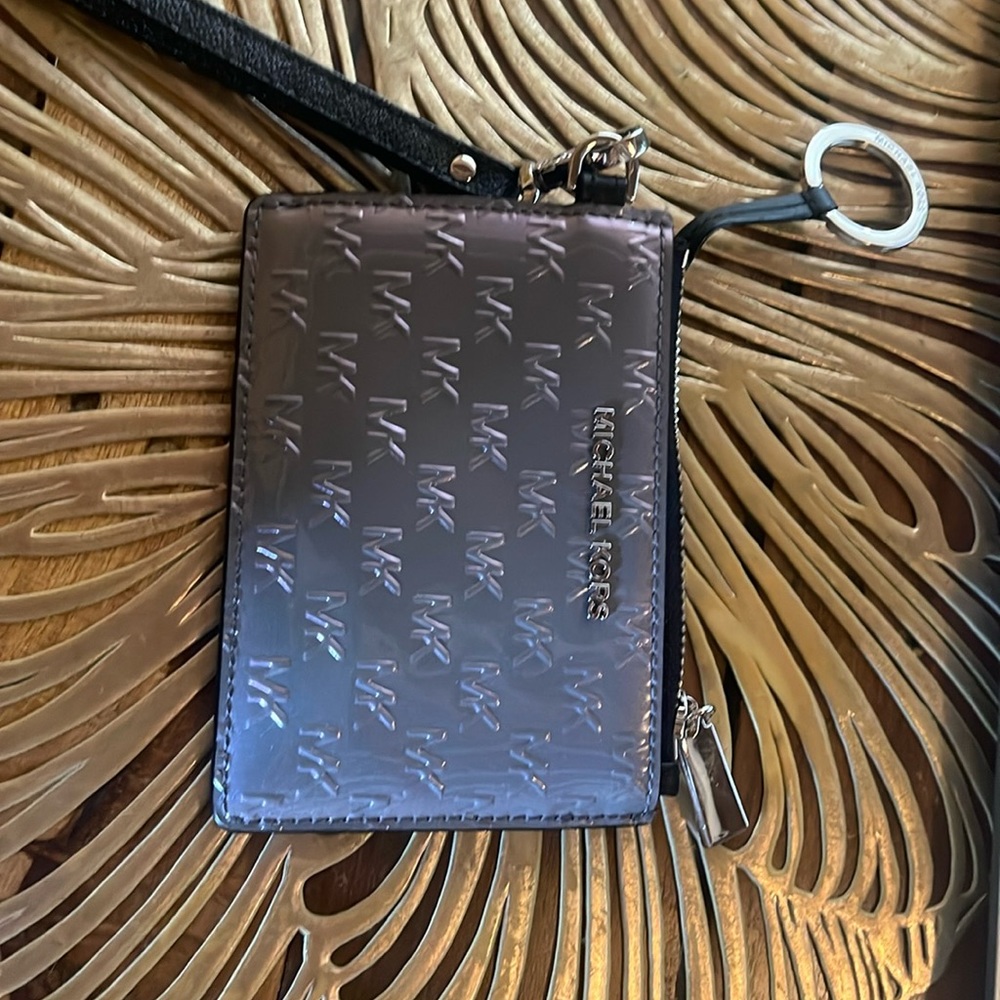 MK Jet Set Travel Wristlet Purple Chrome with keychain and wristlet link